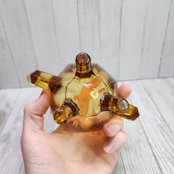 Vintage MCM Amber Pressed Glass Footed Crown Top Dish Bowl with Two Handle - Picture 6 of 9